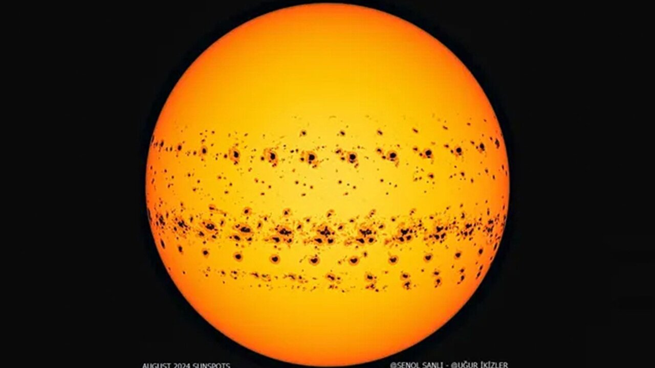 تصویر تایملپس تمام لکههای خورشیدی را که در اوت ۲۰۲۴، زمانی که تعداد لکههای خورشیدی به اوج خود رسید، ظاهر شدند.